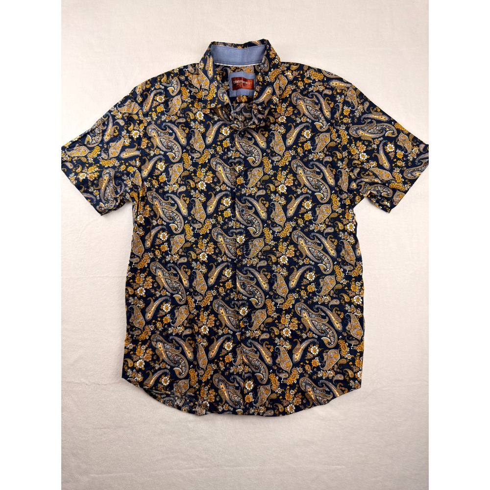 Consequence Mens Large Navy Gold Paisley Floral Short Sleeve Button Up Shirt